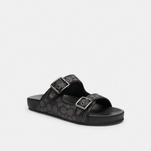 Men Coach Buckle Strap In Signature Jacquard Sandals Black | PH_CH89294