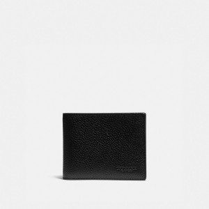 Men Coach Slim Billfold Wallet With Signature Canvas Detail Pebble Leather Billfolds Black / Khaki | PH_CH93259