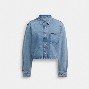 Women Coach Cropped Denim Button Down Tops Blue | PH_CH65427
