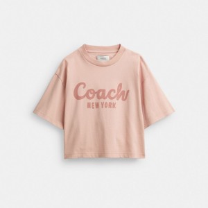 Women Coach Cursive Signature Cropped T Shirts Pink | PH_CH69118