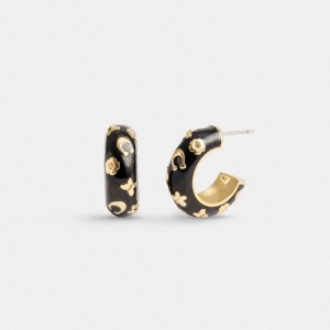 Women Coach Enamel Signature Floral Huggie Earrings Gold / Black | PH_CH78426