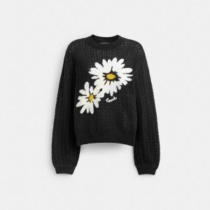 Women Coach Floral Crewneck Sweaters Black | PH_CH71892