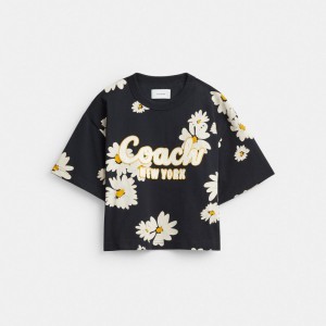 Women Coach Floral Cropped Signature Script In Organic Cotton T Shirts Black | PH_CH23251