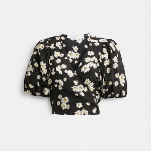 Women Coach Floral Wrap Blouse Tops Black | PH_CH21653