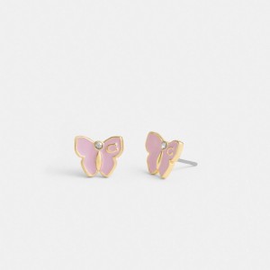 Women Coach Garden Butterfly Stud Earrings Gold / Purple | PH_CH93300
