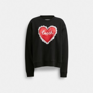 Women Coach Heart Crewneck Sweaters Black | PH_CH77610