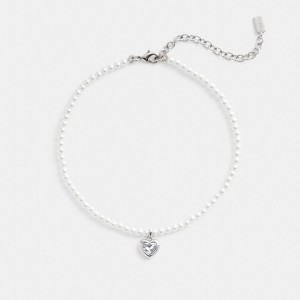 Women Coach Heart Pearl Choker & Clear Necklace Silver | PH_CH88005