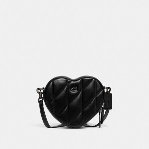 Women Coach Heart With Quilting Pewter Crossbody Bags Black | PH_CH90727