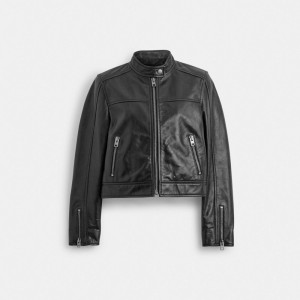 Women Coach Leather Racing Jackets Black | PH_CH74269
