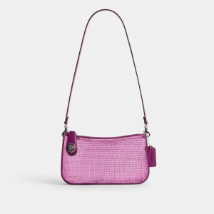 Women Coach Penn With Sequins Calf Leather Shoulder Bags Black | PH_CH53211