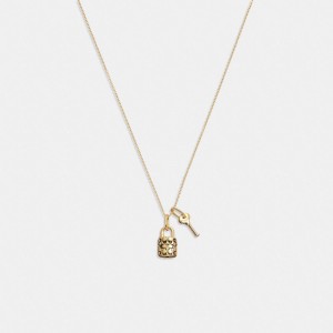 Women Coach Quilted Padlock Key Pendant Necklace Gold / Black | PH_CH70440