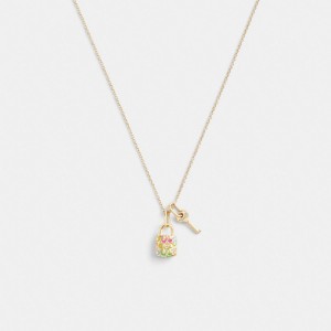 Women Coach Rainbow Quilted Padlock Key Pendant Necklace Gold | PH_CH25046