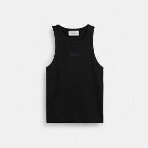 Women Coach Ribbed Script Tank Top Tops Black | PH_CH87629