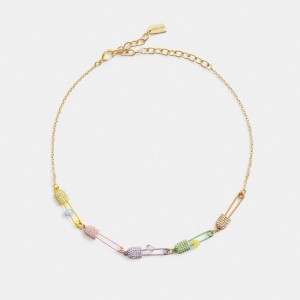 Women Coach Safety Pin Charm Link Choker Necklace Gold | PH_CH32034