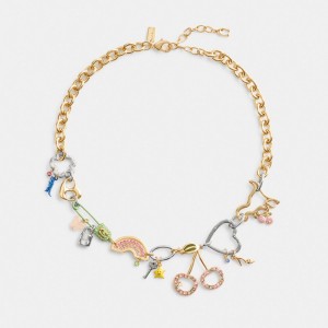 Women Coach Safety Pin Charm Necklace Gold | PH_CH55307