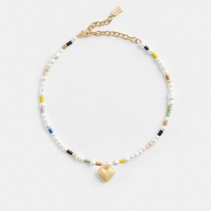 Women Coach Signature Heart Beaded Pearl Choker Necklace Gold | PH_CH79658