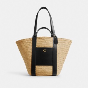Women Coach Straw Pocket Brass Tote Bag Beige | PH_CH65022