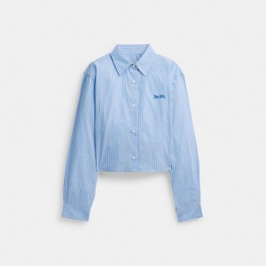 Women Coach Striped Cropped Button Up Shirt Tops Blue | PH_CH88471