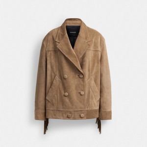 Women Coach Suede Fringe Jackets Dark Beige | PH_CH94376