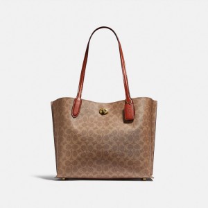 Women Coach Willow In Signature Tote Bag Brown / Red | PH_CH65422